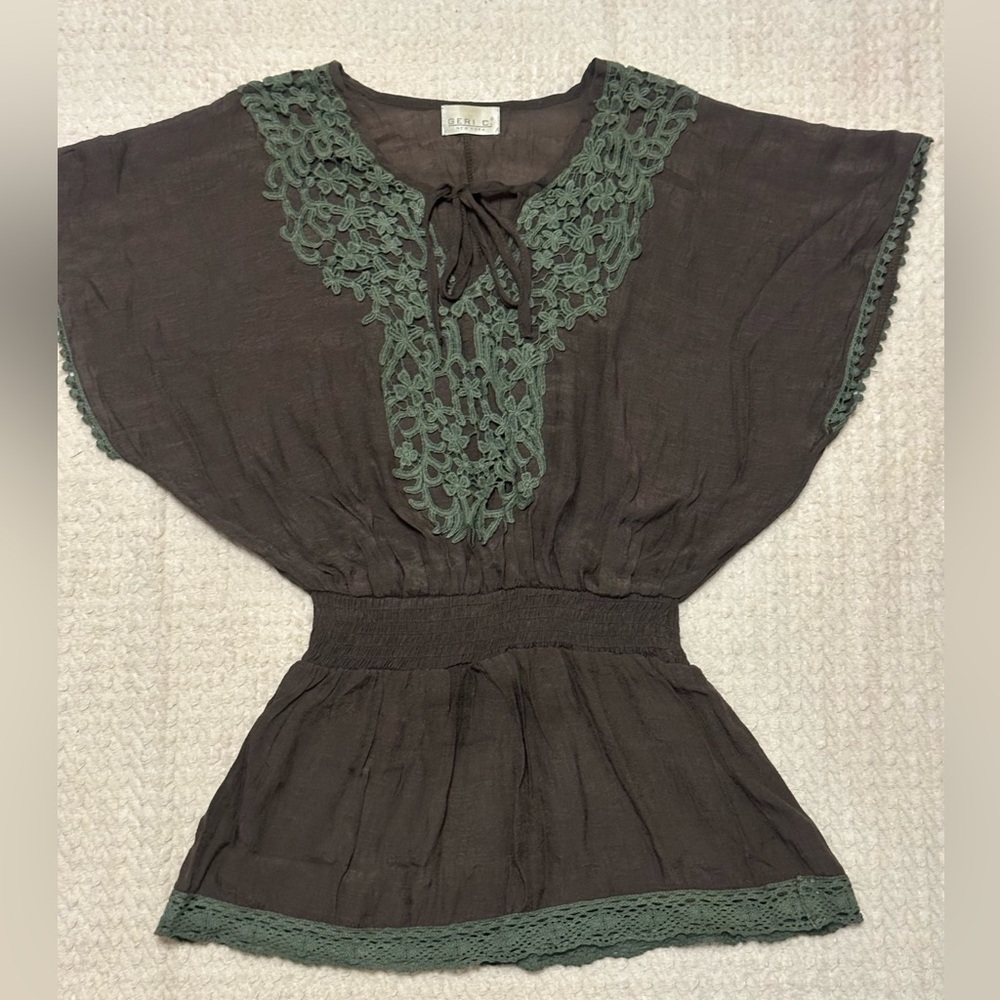 Bohemian Brown Tunic with Bell Sleeves and Tie Front